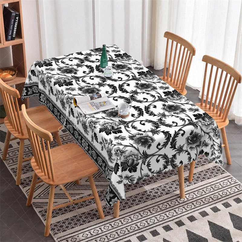 Lofaris Black and White Floral Scroll Pattern Rectangle Tablecloth Elegant Scalloped Edge for Dining Party Decor