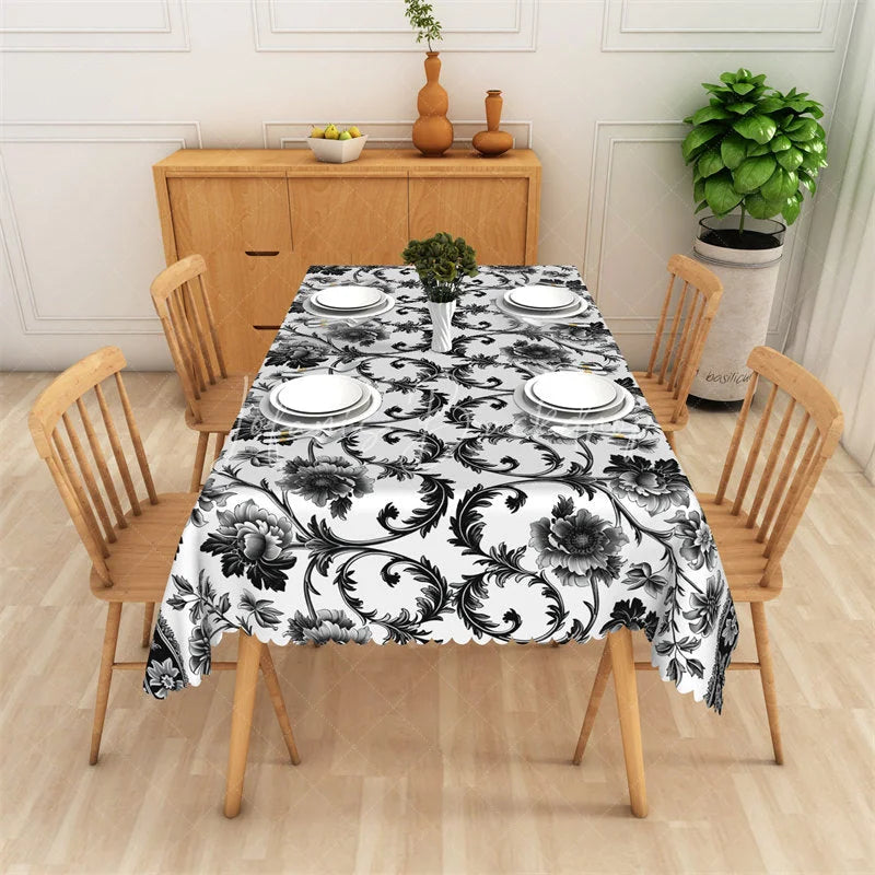 Lofaris Black and White Floral Scroll Pattern Rectangle Tablecloth Elegant Scalloped Edge for Dining Party Decor