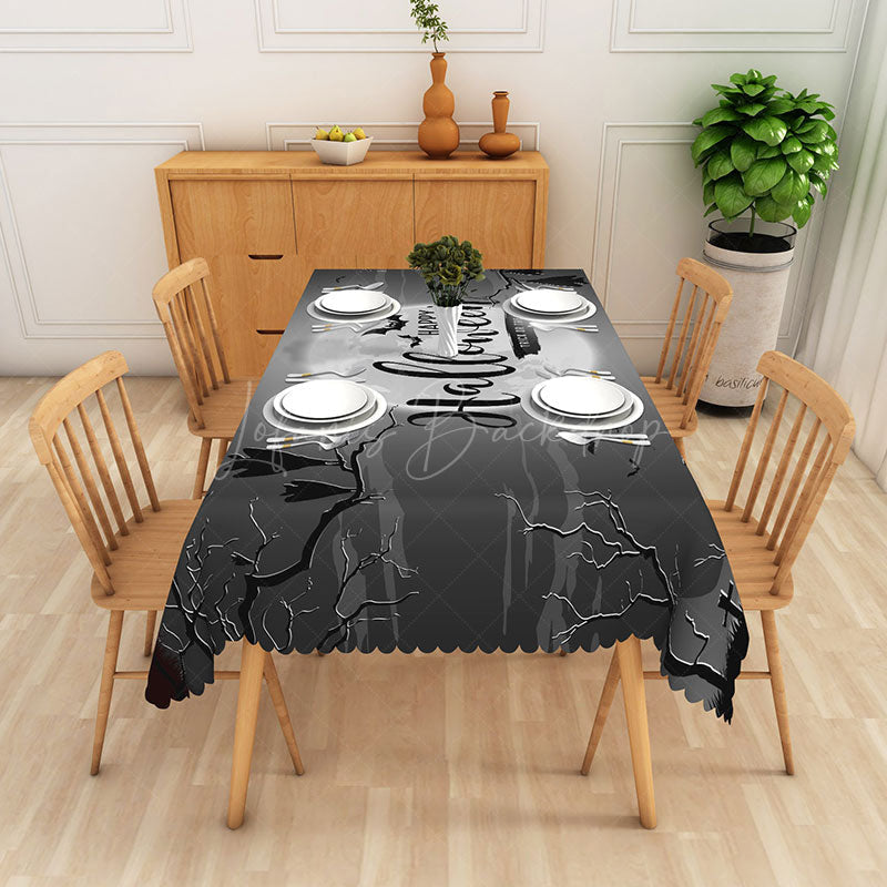 Lofaris Black and White Halloween Rectangle Tablecloth with Bats Moon for Gothic Spooky Party Decor