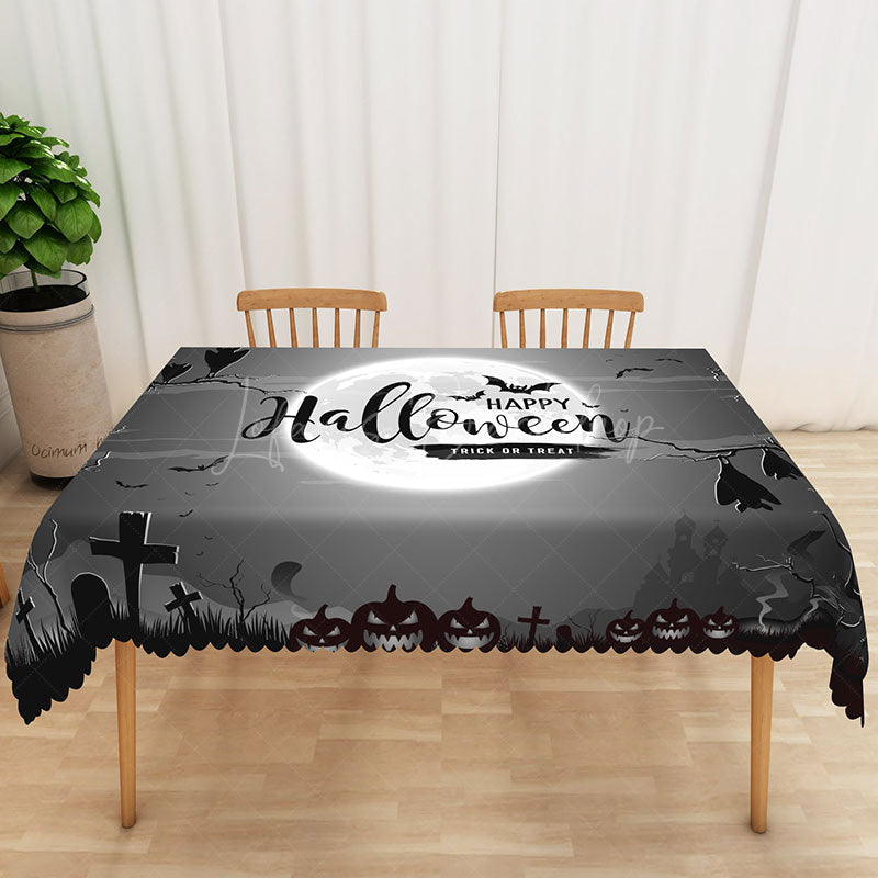 Lofaris Black and White Halloween Rectangle Tablecloth with Bats Moon for Gothic Spooky Party Decor
