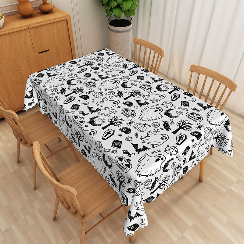 Lofaris Black and White Halloween Rectangle Tablecloth with Ghosts Bats for Modern Spooky Gothic Decor