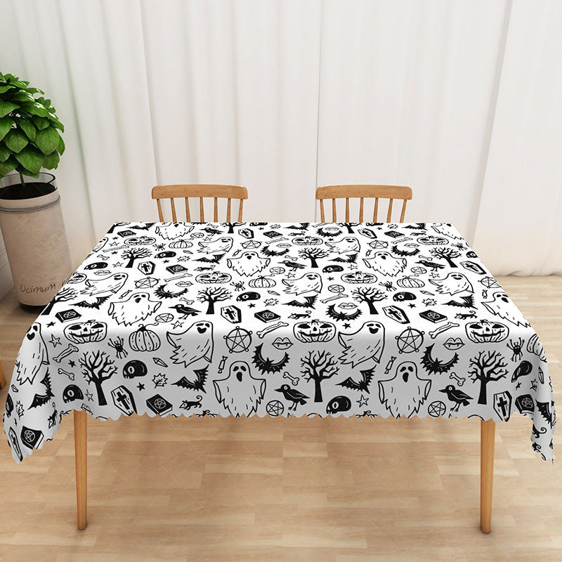 Lofaris Black and White Halloween Rectangle Tablecloth with Ghosts Bats for Modern Spooky Gothic Decor