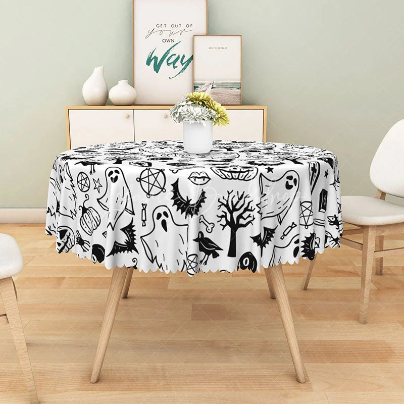 Lofaris Black and White Halloween Round Tablecloth with Cute Ghost Pattern for Modern Spooky Party Decor