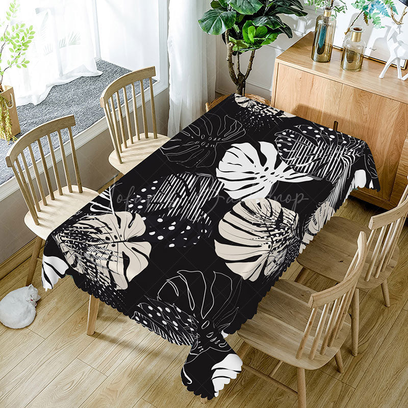 Lofaris Black and White Hawaiian Plants Rectangle Tablecloth for Modern Tropical Minimalist Dining Decor