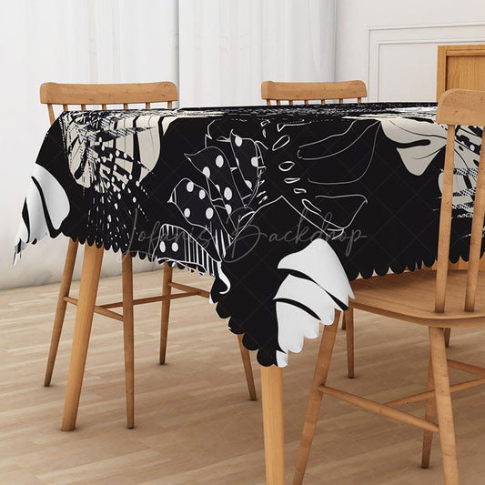 Lofaris Black and White Hawaiian Plants Rectangle Tablecloth for Modern Tropical Minimalist Dining Decor
