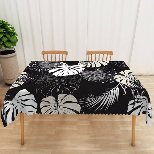 Lofaris Black and White Hawaiian Plants Rectangle Tablecloth for Modern Tropical Minimalist Dining Decor