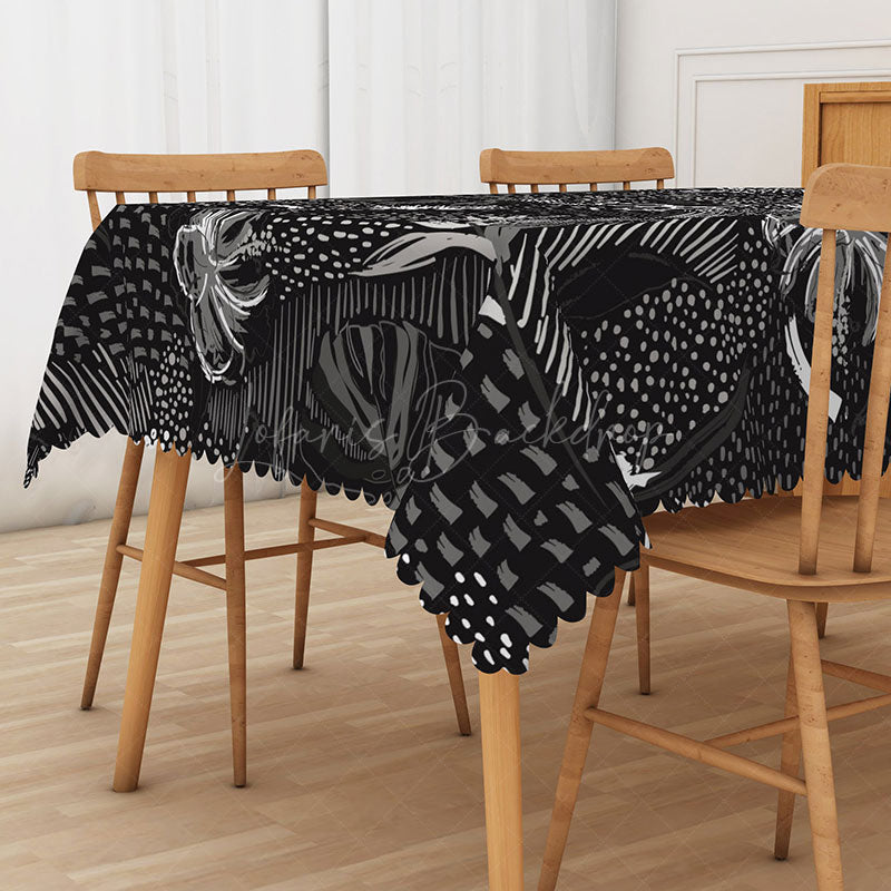 Lofaris Black and White Hawaiian Rectangle Tablecloth Tropical Plants at Night for Modern Moody Decor