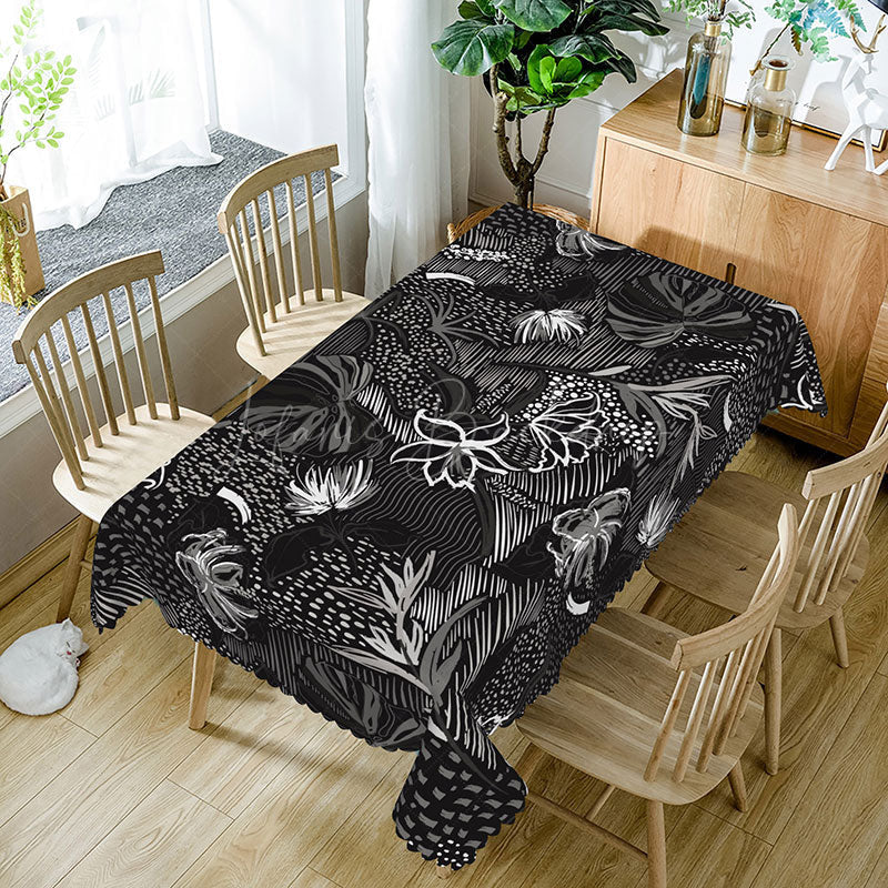 Lofaris Black and White Hawaiian Rectangle Tablecloth Tropical Plants at Night for Modern Moody Decor