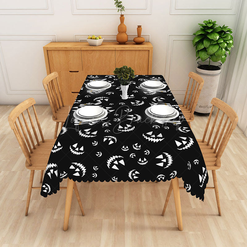 Lofaris Black and White Jack O’ Lantern Halloween Rectangle Tablecloth for Modern Spooky Gothic Party Decor