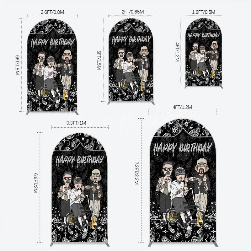 Lofaris Black and White Paisley Happy Birthday Arch Backdrop Kit Urban Chicano Style Party Decor for Men
