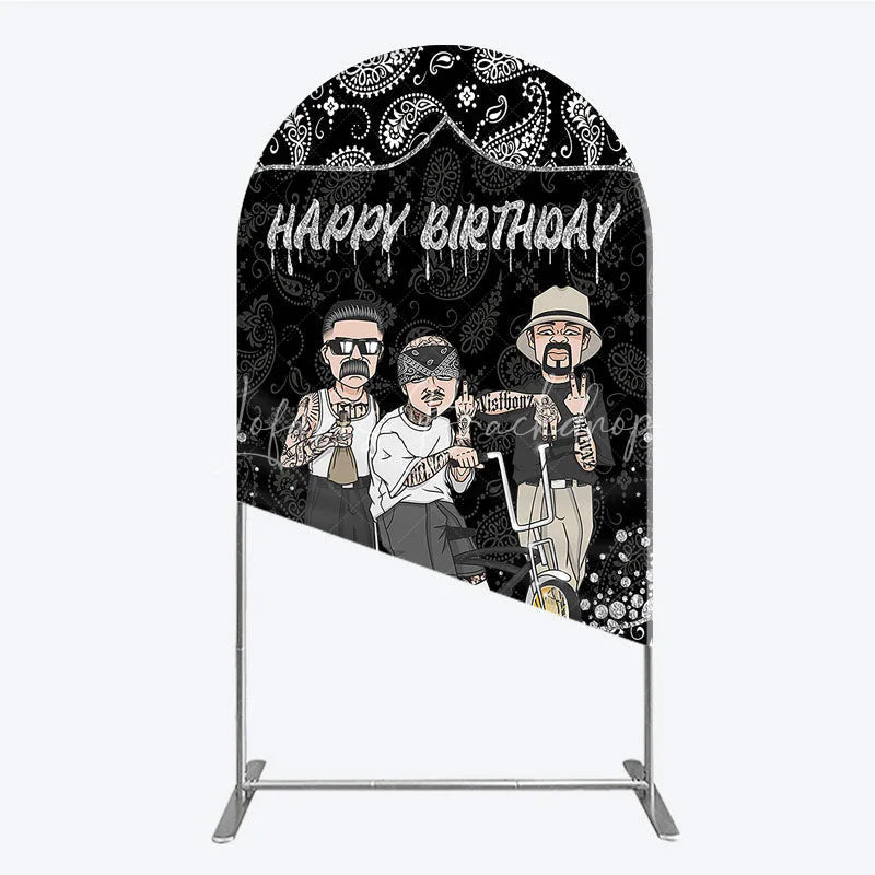 Lofaris Black and White Paisley Happy Birthday Arch Backdrop Kit Urban Chicano Style Party Decor for Men
