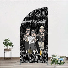 Lofaris Black and White Paisley Happy Birthday Half Moon Arch Backdrop Kit Urban Chicano Style Party Decor for Men