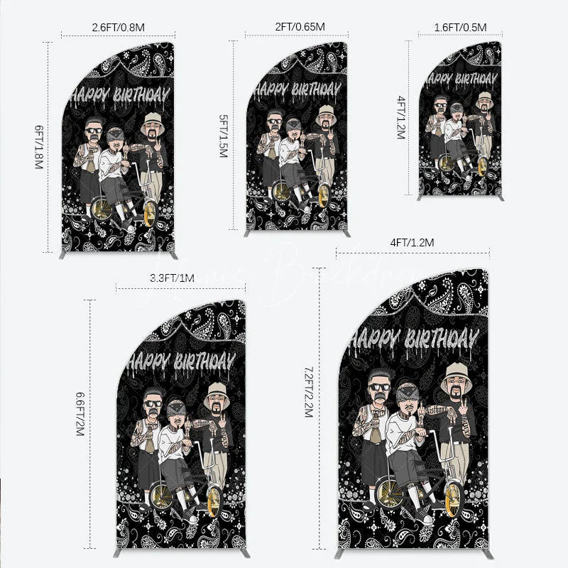 Lofaris Black and White Paisley Happy Birthday Half Moon Arch Backdrop Kit Urban Chicano Style Party Decor for Men