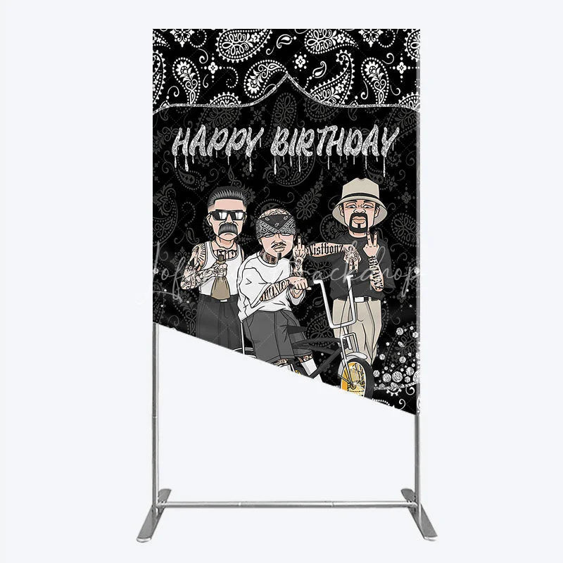 Lofaris Black and White Paisley Happy Birthday Rectangle Backdrop Kit Urban Chicano Style Party Decor for Men