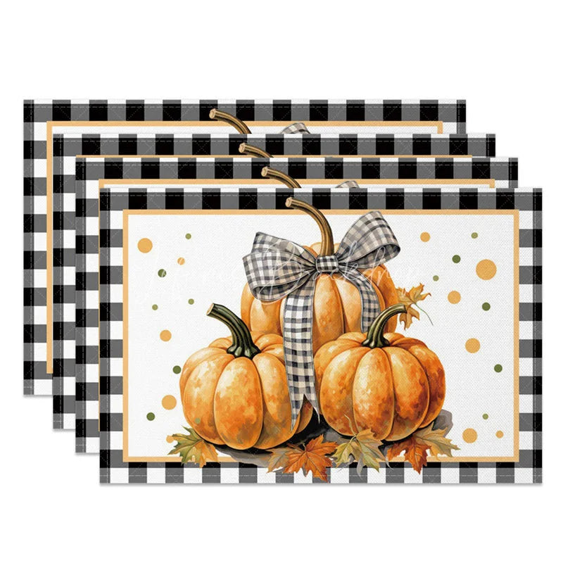 Lofaris Black and White Plaid Pumpkin with Bow Set of 4 Placemats for Farmhouse Fall Thanksgiving Decor