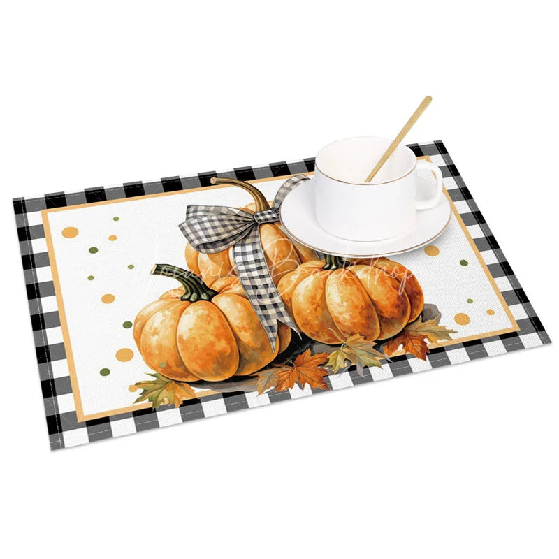 Lofaris Black and White Plaid Pumpkin with Bow Set of 4 Placemats for Farmhouse Fall Thanksgiving Decor