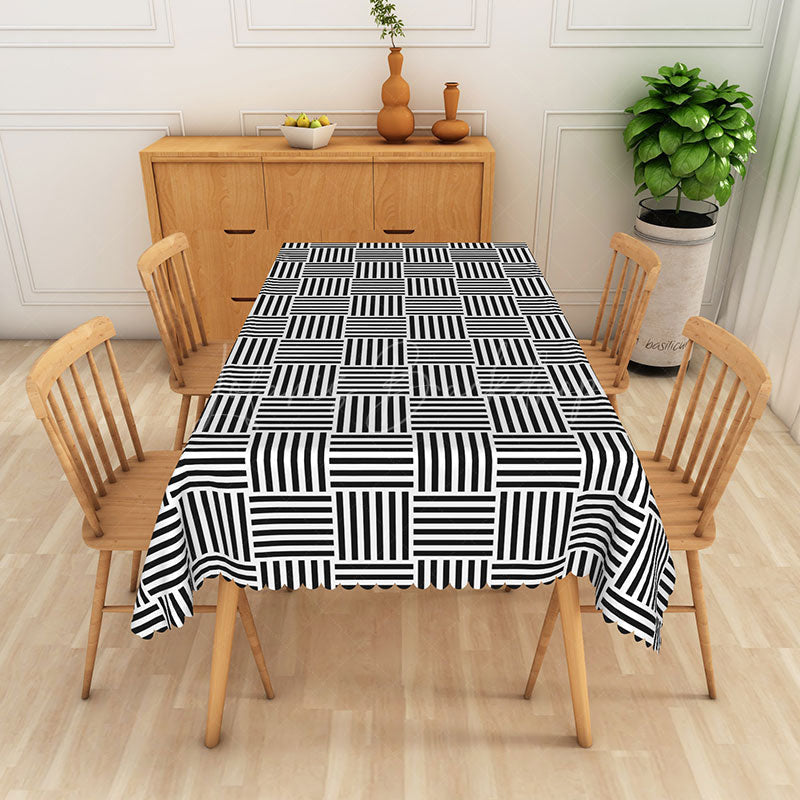 Lofaris Black and White Plaid Rectangle Tablecloth Modern Farmhouse Line Pattern for Kitchen Dining Decor