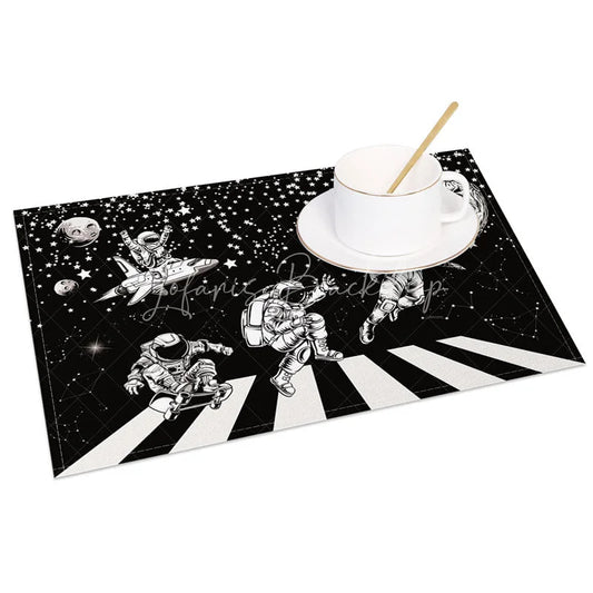 Lofaris Black and White Set of 4 Placemats with Astronaut Piano Keys for Music Space Themed Decor