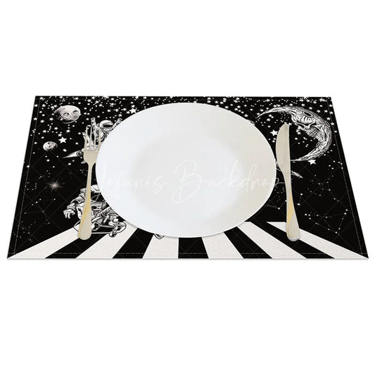 Lofaris Black and White Set of 4 Placemats with Astronaut Piano Keys for Music Space Themed Decor