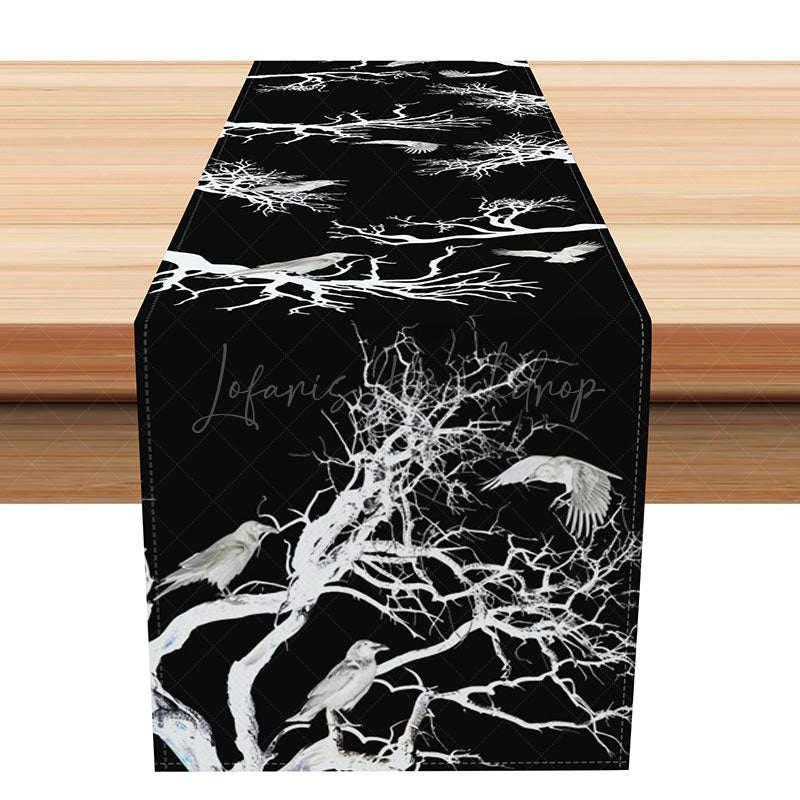 Lofaris Black and White Silhouette Table Runner with Birds on Branches for Modern Minimalist Dining Decor