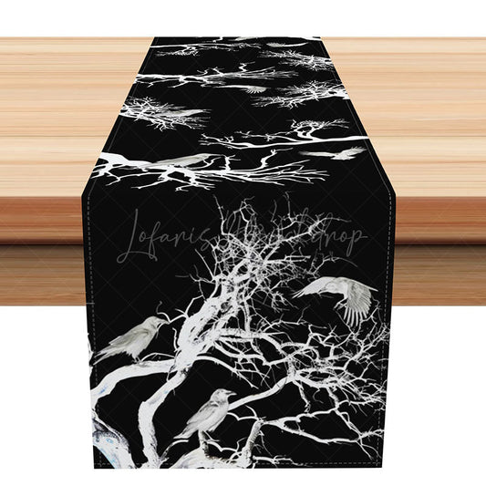 Lofaris Black and White Silhouette Table Runner with Birds on Branches for Modern Minimalist Dining Decor