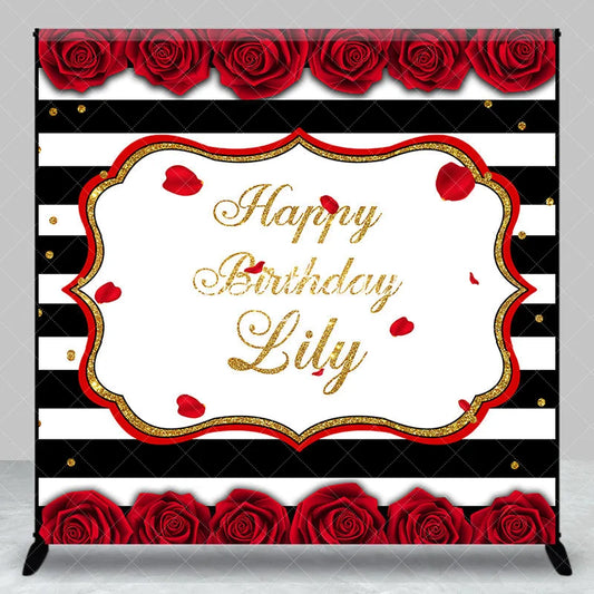 Lofaris Black and White Striped Red Rose Gold Glitter Happy Birthday Custom Backdrop Elegant Celebration Party Decor