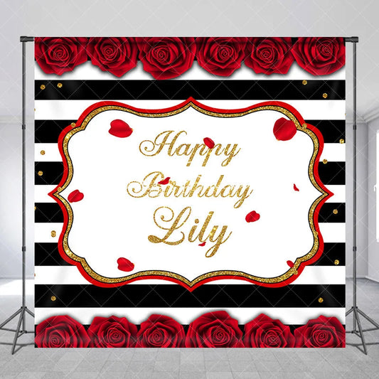 Lofaris Black and White Striped Red Rose Gold Glitter Happy Birthday Custom Backdrop Elegant Celebration Party Decor