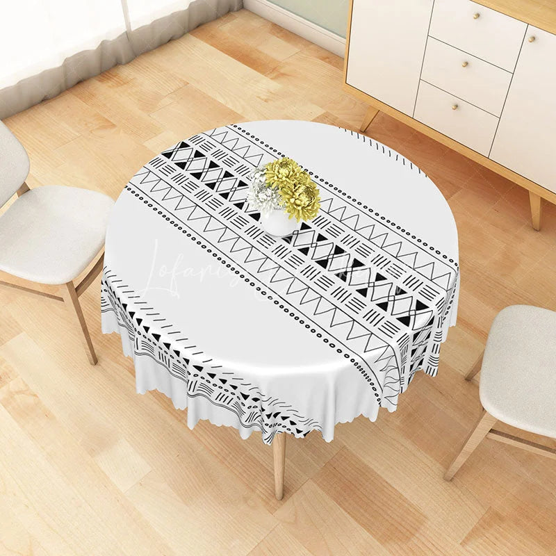 Lofaris Black and White Tribal Geometric Round Tablecloth Minimalist Ethnic Pattern for Modern Home Decor