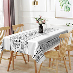 Lofaris Black and White Tribal Rectangle Tablecloth Boho Geometric Lines Pattern Minimalist Dining Room Decor