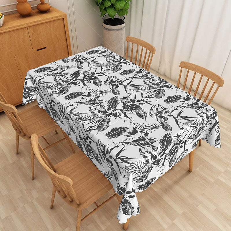 Lofaris Black and White Tropical Rectangle Tablecloth Sketch Floral Palm Leaves Modern Summer Dining Decor