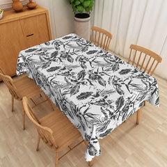 Lofaris Black and White Tropical Rectangle Tablecloth Sketch Floral Palm Leaves Modern Summer Dining Decor