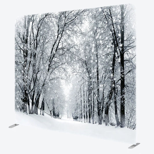 Lofaris Black and White Winter Forest Double-Sided Tension Fabric Backdrop Snowy Trees Path Holiday Photo Booth