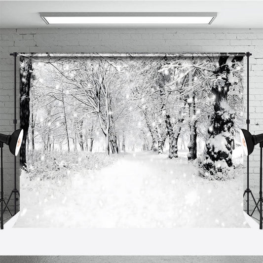Lofaris Black and White Winter Forest Photography Backdrop Snowy Path Through the Trees Moody Holiday Photo Background