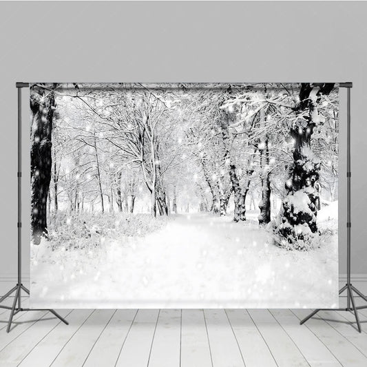 Lofaris Black and White Winter Forest Photography Backdrop Snowy Path Through the Trees Moody Holiday Photo Background