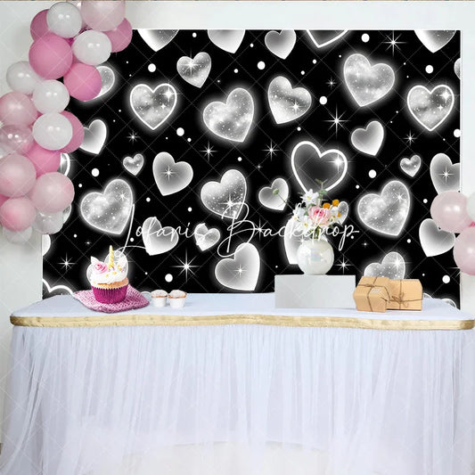 Lofaris Black and White Y2K Glitter Heart Pattern Birthday Backdrop Sparkling Elegant Party Celebration Decor