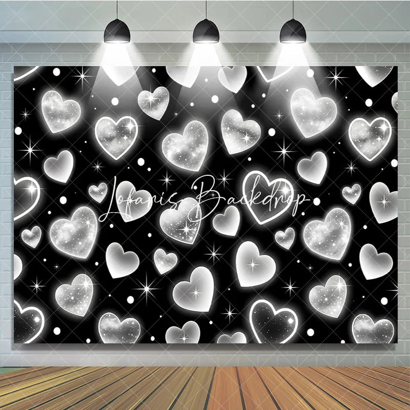 Lofaris Black and White Y2K Glitter Heart Pattern Birthday Backdrop Sparkling Elegant Party Celebration Decor