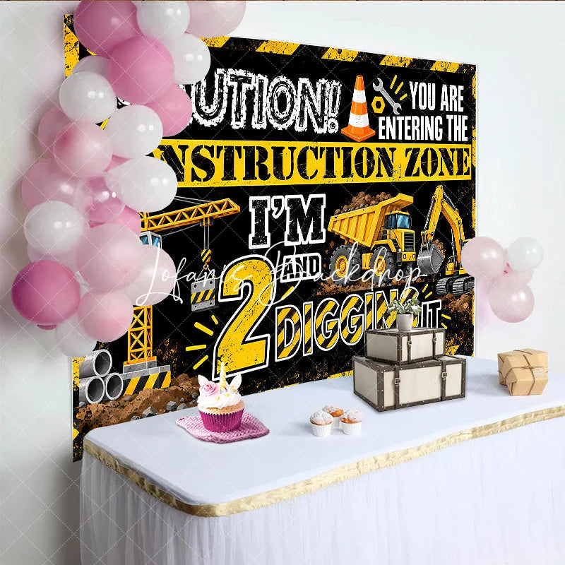 Lofaris Black and Yellow Construction Zone 2nd Birthday Backdrop with Dump Truck Excavator 2 Digging It Party Decor