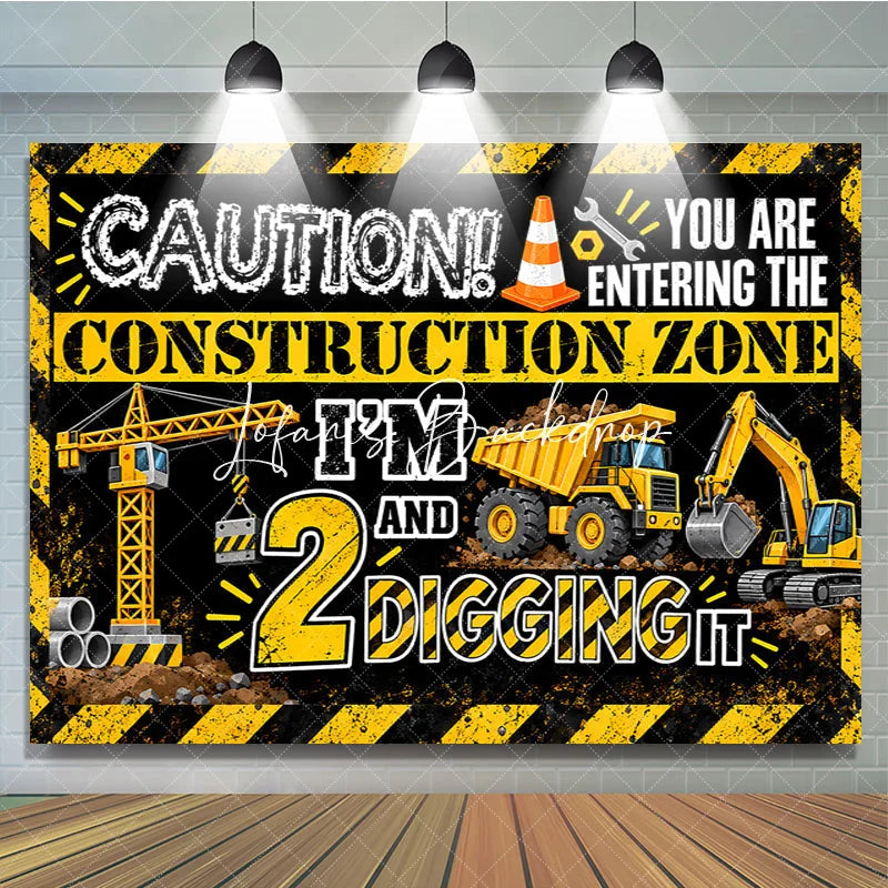 Lofaris Black and Yellow Construction Zone 2nd Birthday Backdrop with Dump Truck Excavator 2 Digging It Party Decor