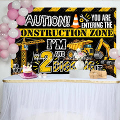 Lofaris Black and Yellow Construction Zone 2nd Birthday Backdrop with Dump Truck Excavator 2 Digging It Party Decor