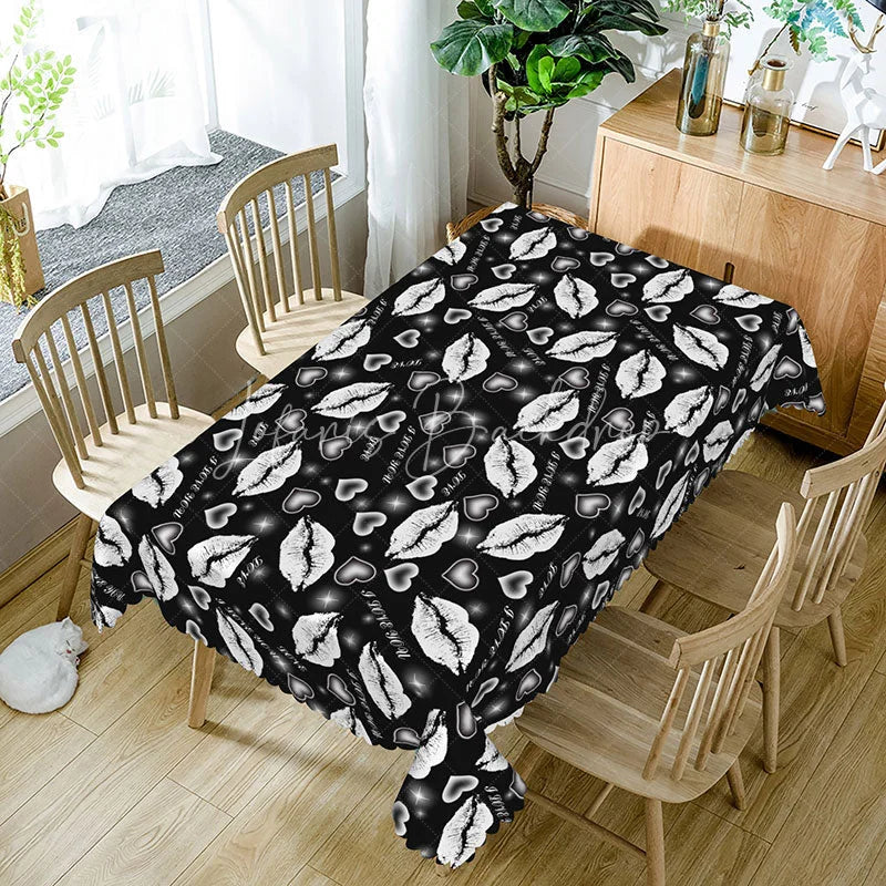 Lofaris Black Background White Kiss Lip Rectangle Tablecloth I Love You Text Print Modern Edgy Valentine Decor