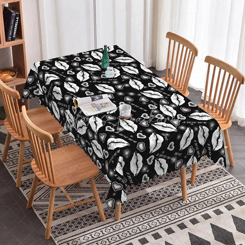 Lofaris Black Background White Kiss Lip Rectangle Tablecloth I Love You Text Print Modern Edgy Valentine Decor