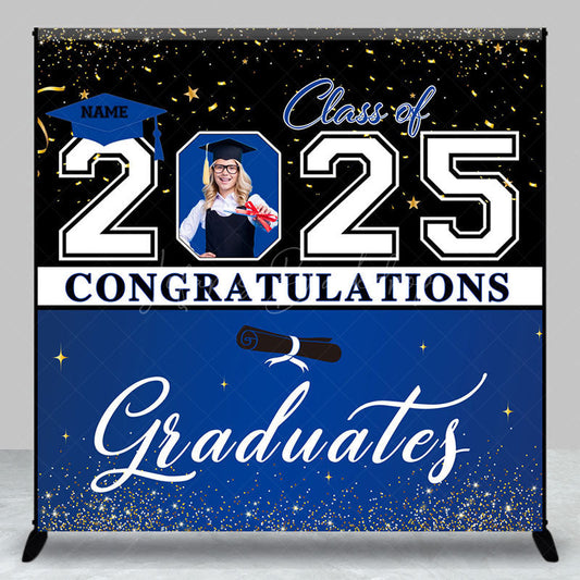 Lofaris Black Blue Custom Name Photo Congrats Grad Backdrop