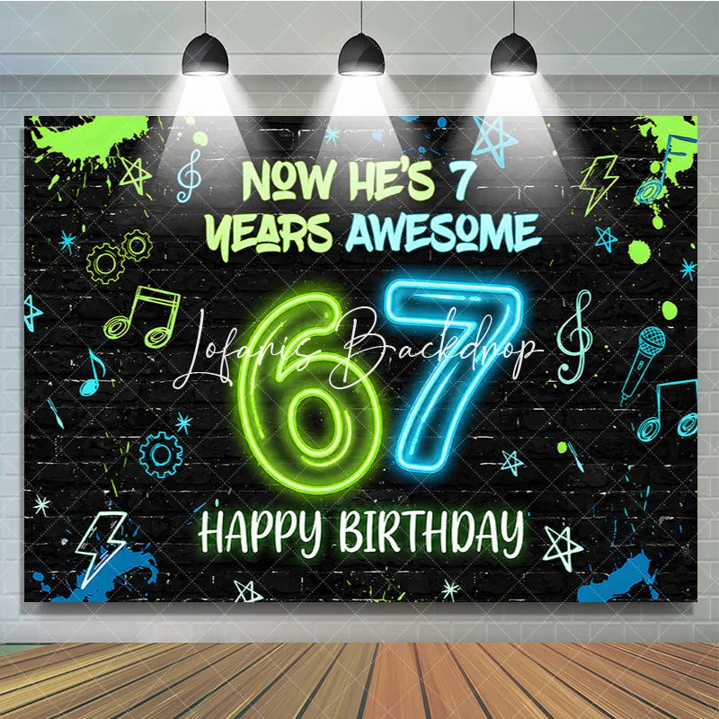 Lofaris Black Brick Wall Neon Green Blue 7th Birthday Backdrop with Music Notes and Lightning Awesome Party Decor
