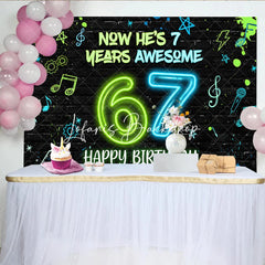 Lofaris Black Brick Wall Neon Green Blue 7th Birthday Backdrop with Music Notes and Lightning Awesome Party Decor