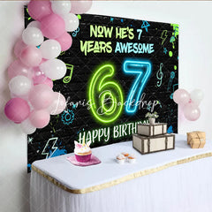 Lofaris Black Brick Wall Neon Green Blue 7th Birthday Backdrop with Music Notes and Lightning Awesome Party Decor