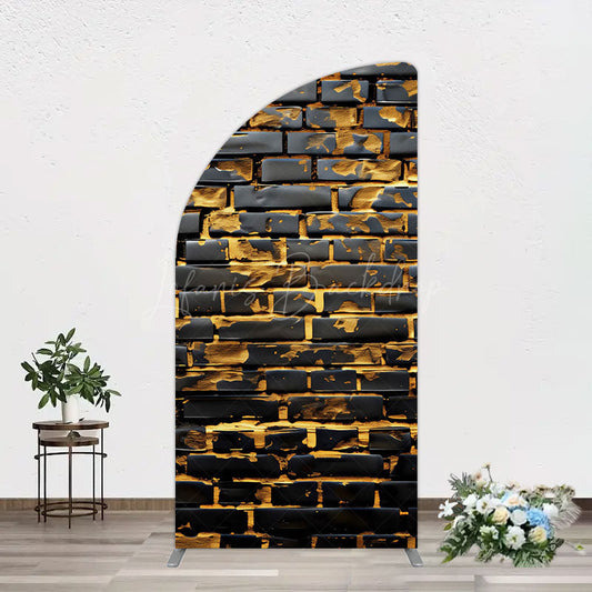 Lofaris Black Bricks Wall Golden Engraved Half Moon Arch Backdrop