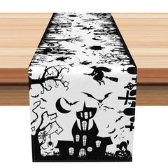 Lofaris Black Castle and Witch Halloween Table Runner Spooky Night with a Full Moon Haunted House Party Decoration