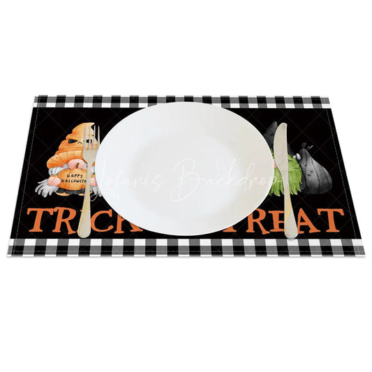 Lofaris Black Checkered Halloween Gnome Set of 4 Placemats for Spooky Farmhouse and Buffalo Plaid Decor