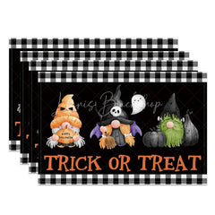 Lofaris Black Checkered Halloween Gnome Set of 4 Placemats for Spooky Farmhouse and Buffalo Plaid Decor