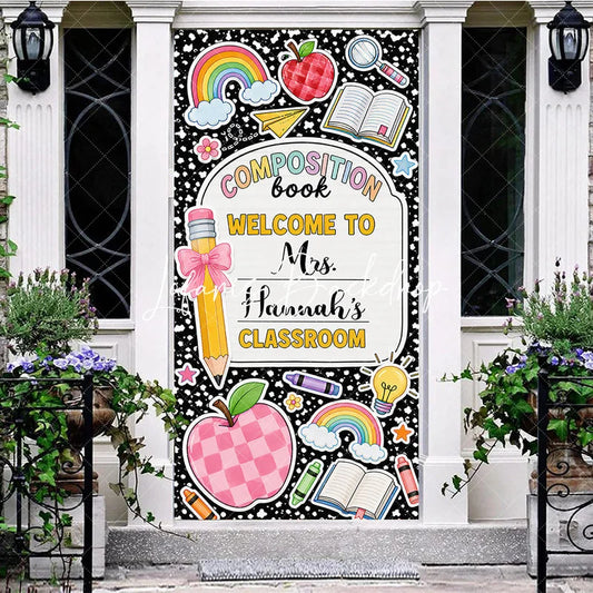 Lofaris Black Composition Book Welcome Classroom Door Cover Colorful School Theme Rainbow Apple Pencil Design